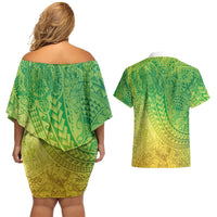 Hawaiian Turtles and Leis Couples Matching Off Shoulder Short Dress and Hawaiian Shirt Tribal Kakau Pattern Fresh Summer Vibe
