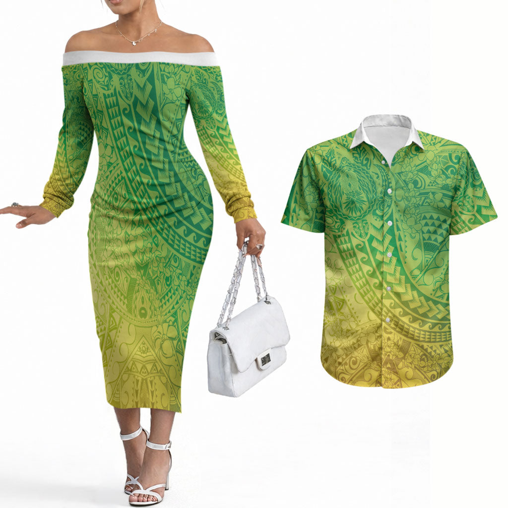 Hawaiian Turtles and Leis Couples Matching Off The Shoulder Long Sleeve Dress and Hawaiian Shirt Tribal Kakau Pattern Fresh Summer Vibe LT03 Green - Polynesian Pride