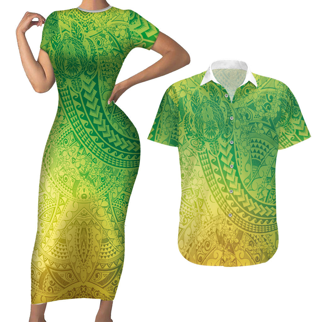 Hawaiian Turtles and Leis Couples Matching Short Sleeve Bodycon Dress and Hawaiian Shirt Tribal Kakau Pattern Fresh Summer Vibe