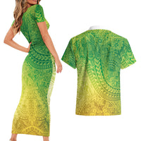 Hawaiian Turtles and Leis Couples Matching Short Sleeve Bodycon Dress and Hawaiian Shirt Tribal Kakau Pattern Fresh Summer Vibe