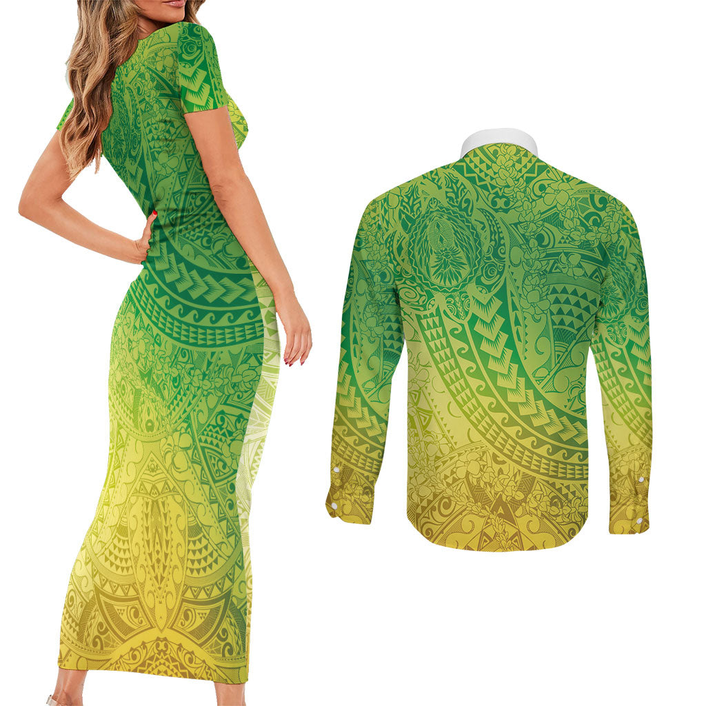 Hawaiian Turtles and Leis Couples Matching Short Sleeve Bodycon Dress and Long Sleeve Button Shirt Tribal Kakau Pattern Fresh Summer Vibe