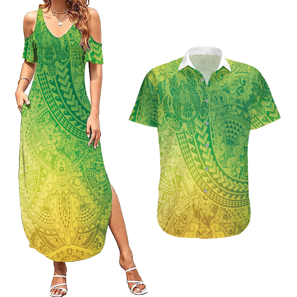 Hawaiian Turtles and Leis Couples Matching Summer Maxi Dress and Hawaiian Shirt Tribal Kakau Pattern Fresh Summer Vibe