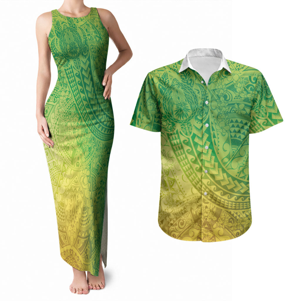 Hawaiian Turtles and Leis Couples Matching Tank Maxi Dress and Hawaiian Shirt Tribal Kakau Pattern Fresh Summer Vibe LT03 Green - Polynesian Pride