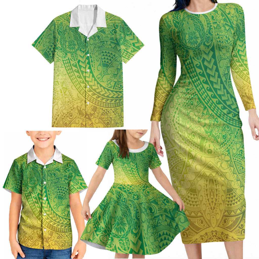 Hawaiian Turtles and Leis Family Matching Long Sleeve Bodycon Dress and Hawaiian Shirt Tribal Kakau Pattern Fresh Summer Vibe LT03 - Polynesian Pride