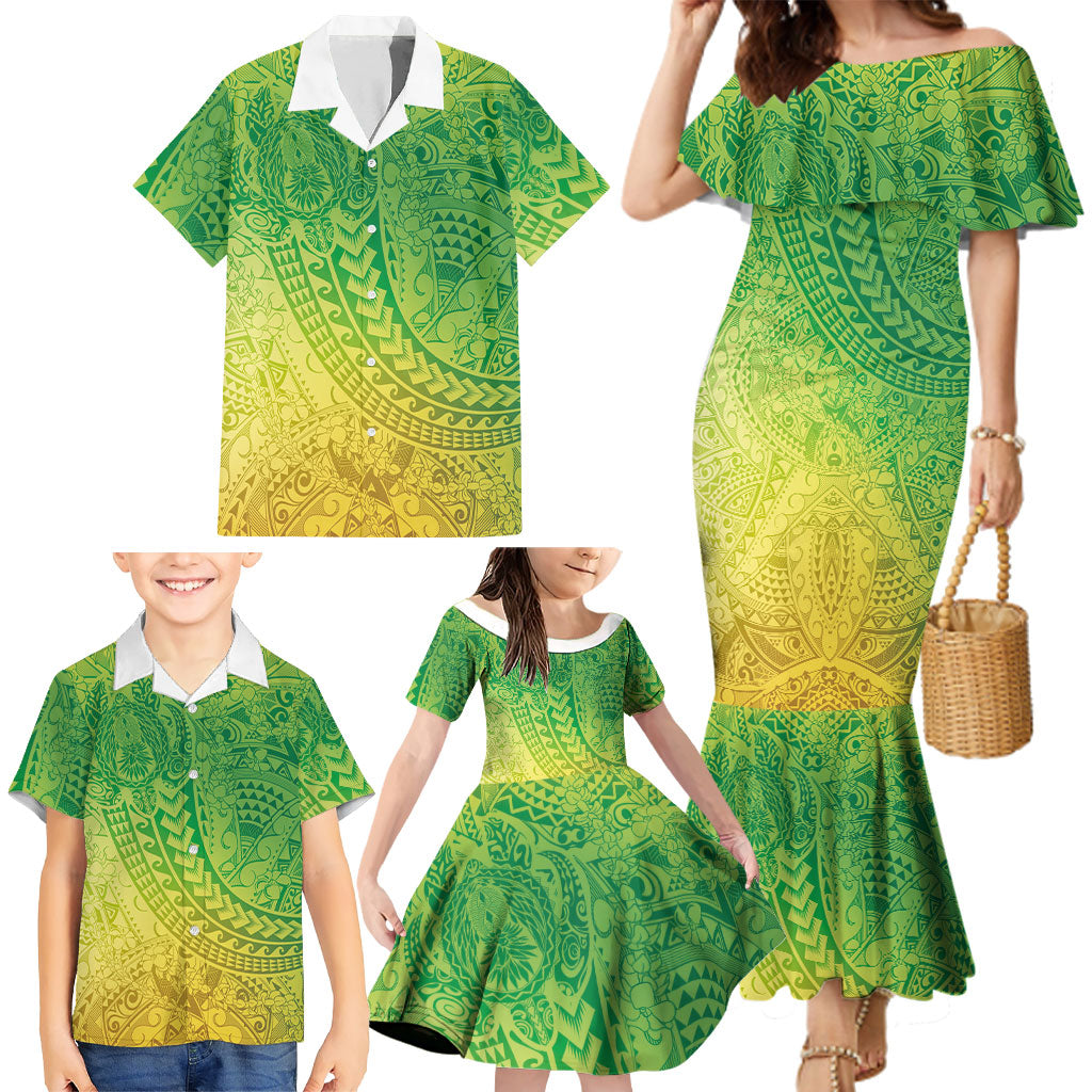 Hawaiian Turtles and Leis Family Matching Mermaid Dress and Hawaiian Shirt Tribal Kakau Pattern Fresh Summer Vibe