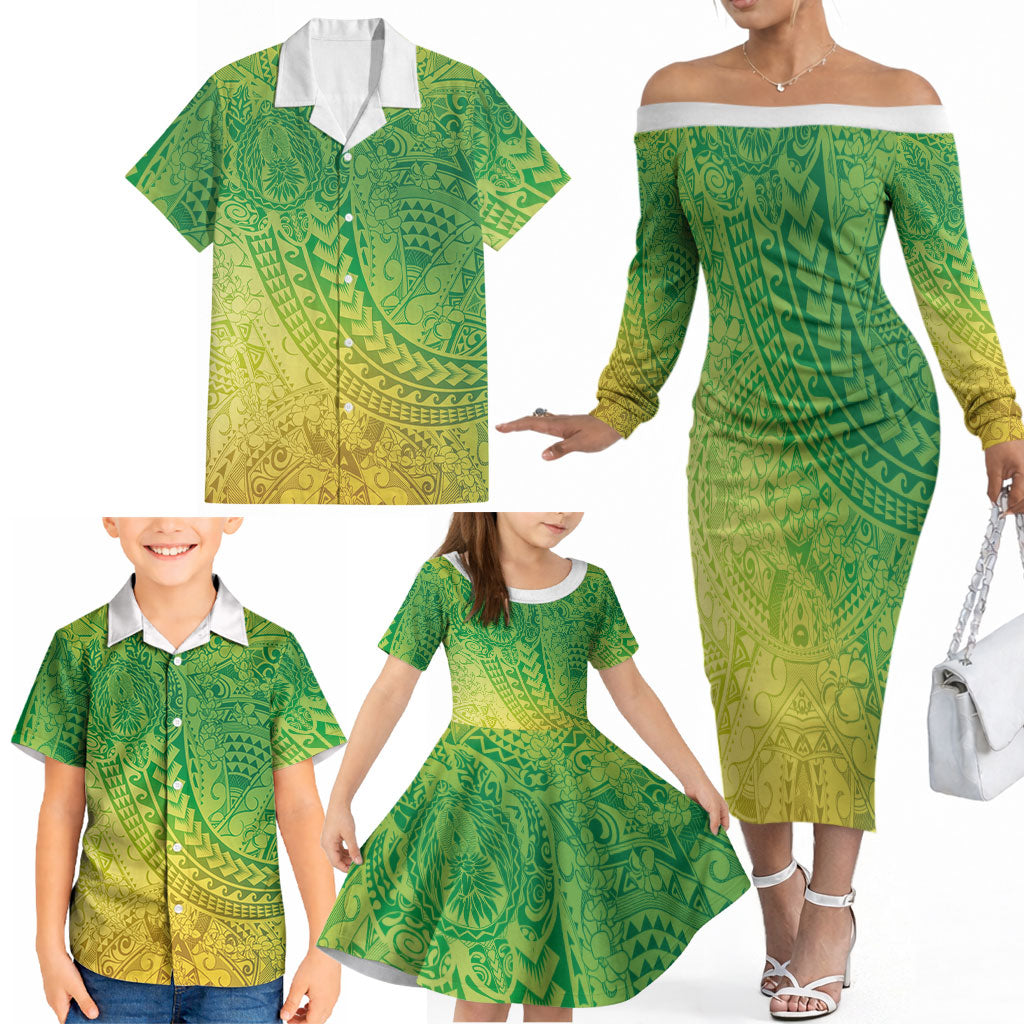 Hawaiian Turtles and Leis Family Matching Off The Shoulder Long Sleeve Dress and Hawaiian Shirt Tribal Kakau Pattern Fresh Summer Vibe LT03 - Polynesian Pride