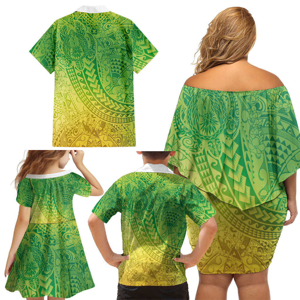 Hawaiian Turtles and Leis Family Matching Off Shoulder Short Dress and Hawaiian Shirt Tribal Kakau Pattern Fresh Summer Vibe