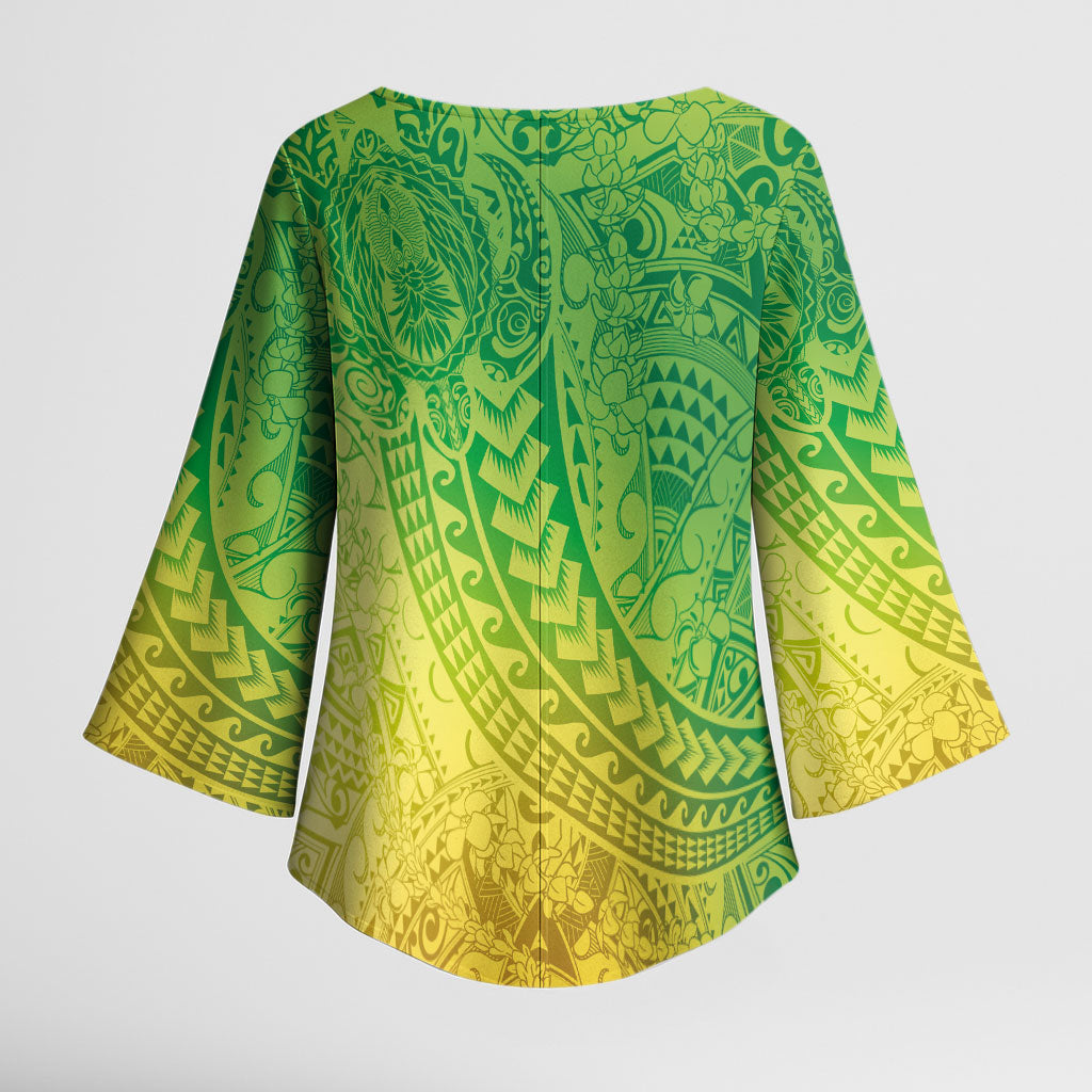 Hawaiian Turtles and Leis Kimono Sleeve Blouse Tribal Kakau Pattern Fresh Summer Vibe