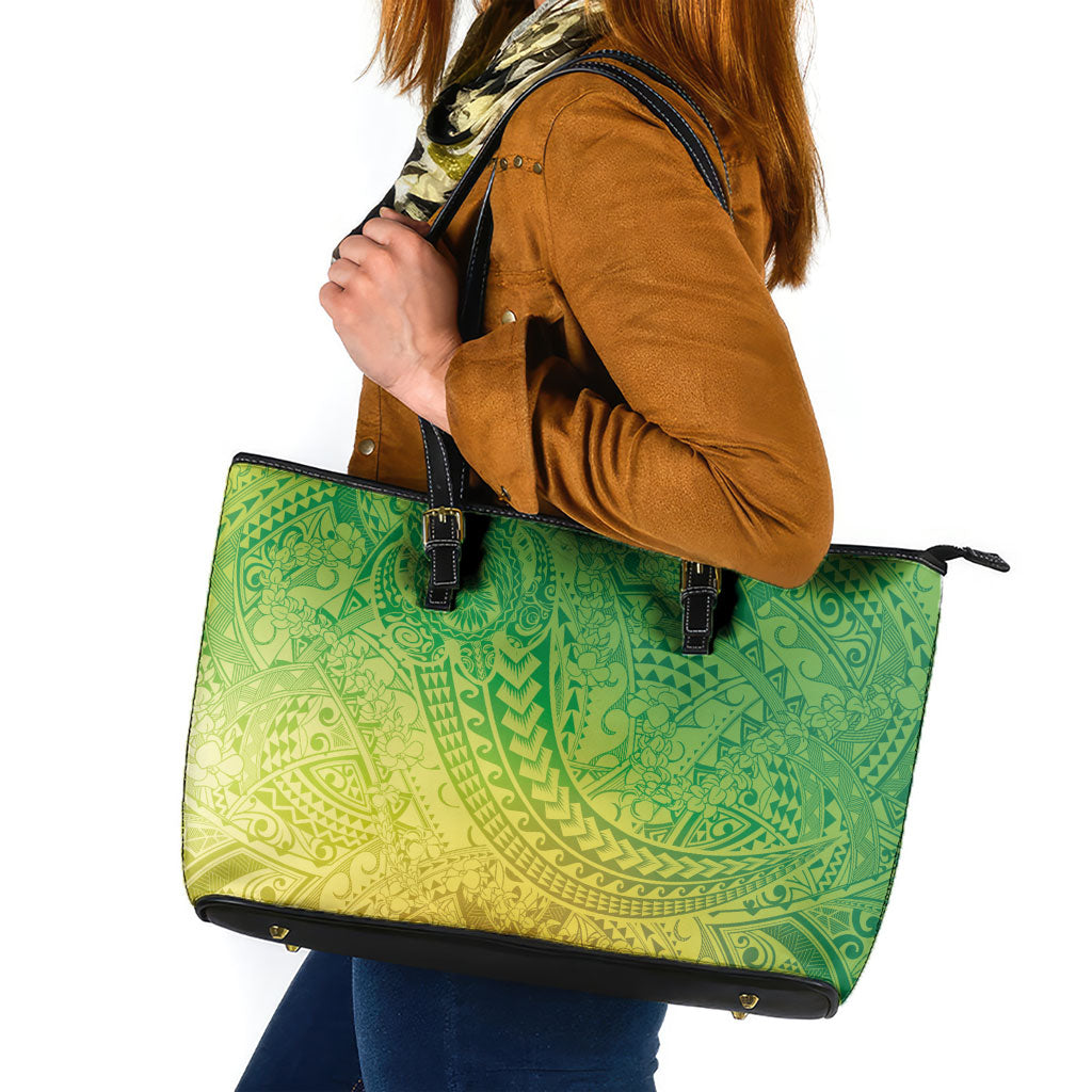 Hawaiian Turtles and Leis Leather Tote Bag Tribal Kakau Pattern Fresh Summer Vibe
