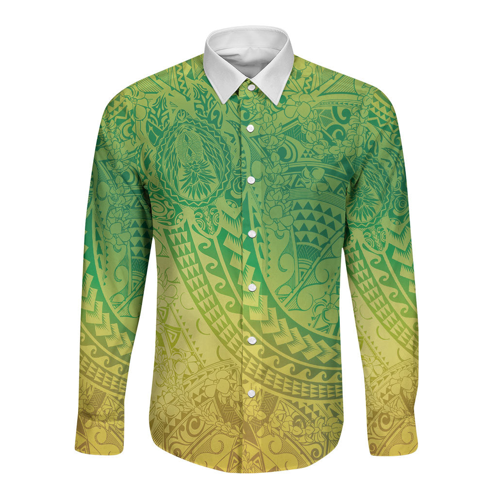 Hawaiian Turtles and Leis Long Sleeve Button Shirt Tribal Kakau Pattern Fresh Summer Vibe LT03 Unisex Green - Polynesian Pride
