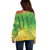 Hawaiian Turtles and Leis Off Shoulder Sweater Tribal Kakau Pattern Fresh Summer Vibe