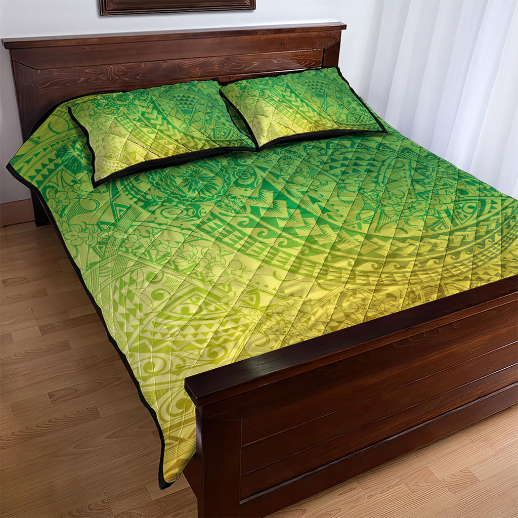 Hawaiian Turtles and Leis Quilt Bed Set Tribal Kakau Pattern Fresh Summer Vibe