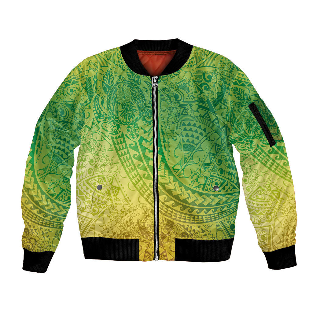 Hawaiian Turtles and Leis Sleeve Zip Bomber Jacket Tribal Kakau Pattern Fresh Summer Vibe