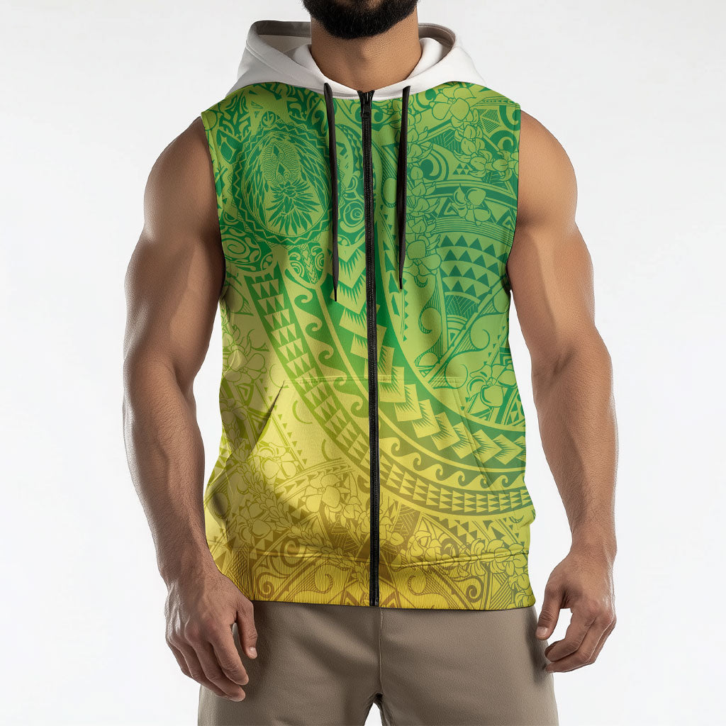 Hawaiian Turtles and Leis Sleeveless Zip Hoodie Tribal Kakau Pattern Fresh Summer Vibe