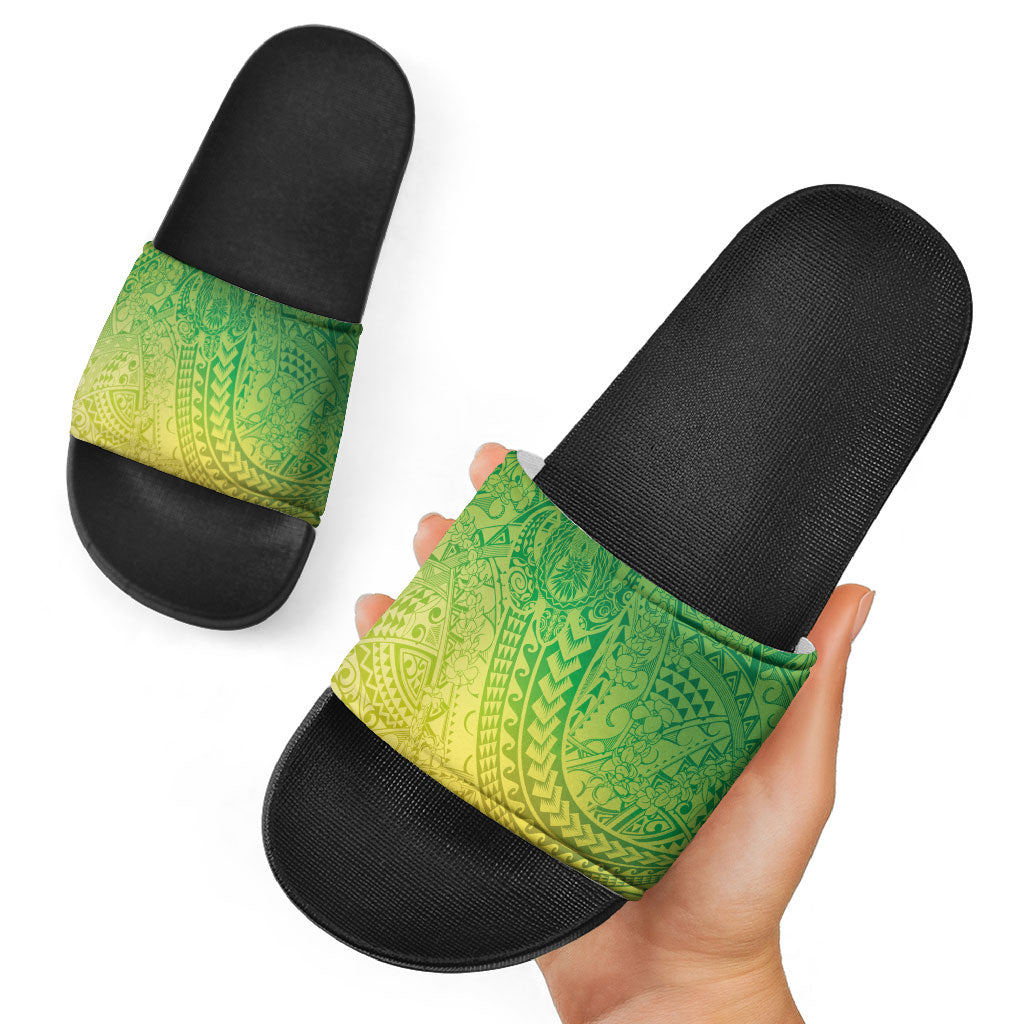 Hawaiian Turtles and Leis Slide Sandals Tribal Kakau Pattern Fresh Summer Vibe