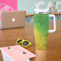 Hawaiian Turtles and Leis Tumbler With Handle Tribal Kakau Pattern Fresh Summer Vibe