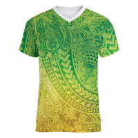 Hawaiian Turtles and Leis Women V-Neck T-Shirt Tribal Kakau Pattern Fresh Summer Vibe