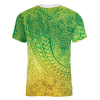 Hawaiian Turtles and Leis Women V-Neck T-Shirt Tribal Kakau Pattern Fresh Summer Vibe