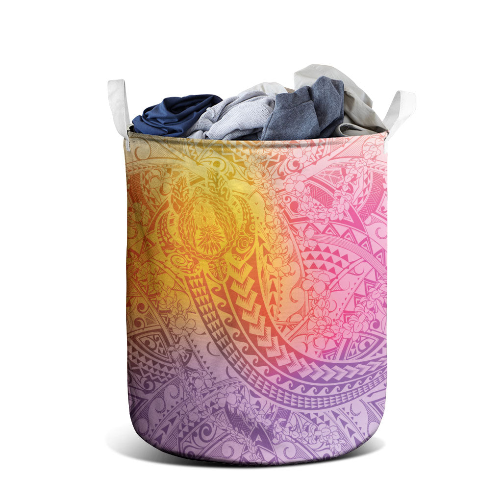 Hawaiian Turtles and Leis Laundry Basket Tribal Kakau Pattern Magical Rainbow Sky