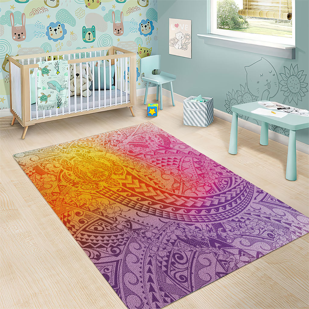 Hawaiian Turtles and Leis Area Rug Tribal Kakau Pattern Magical Rainbow Sky
