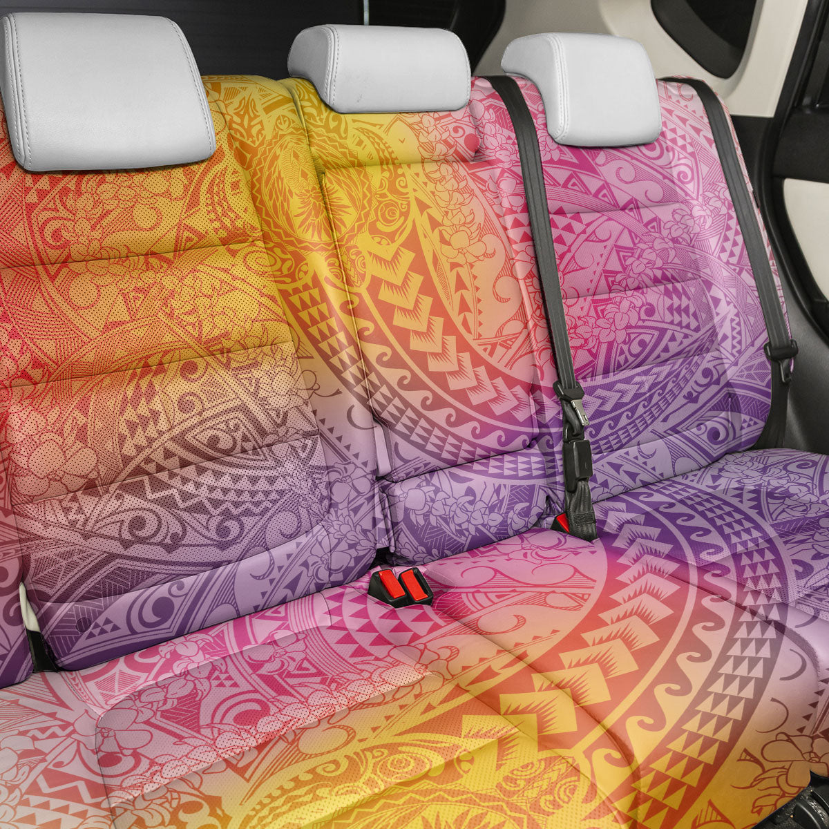 Hawaiian Turtles and Leis Back Car Seat Cover Tribal Kakau Pattern Magical Rainbow Sky