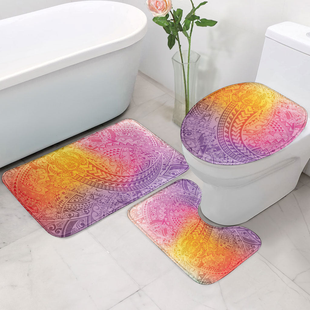 Hawaiian Turtles and Leis Bathroom Set Tribal Kakau Pattern Magical Rainbow Sky