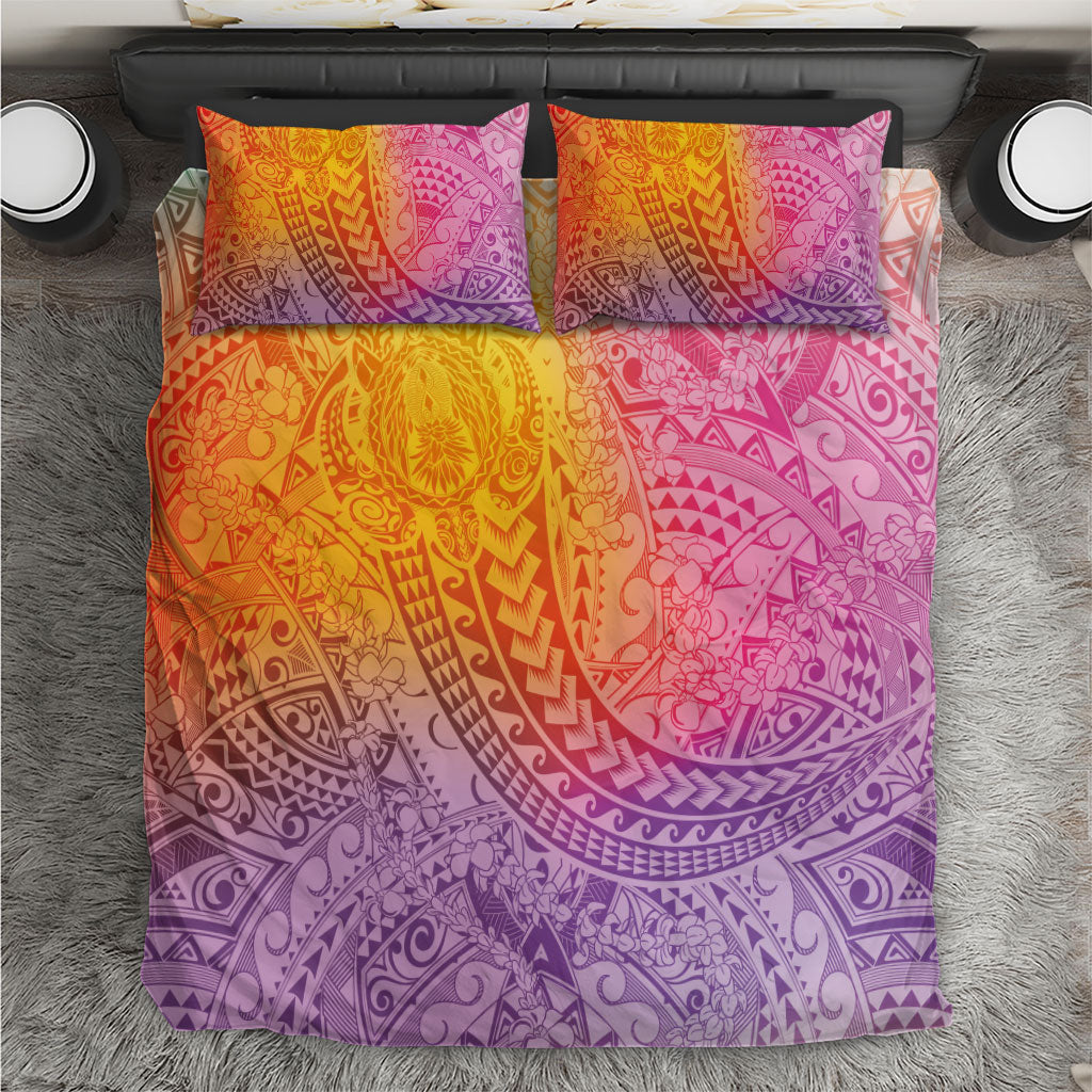 Hawaiian Turtles and Leis Bedding Set Tribal Kakau Pattern Magical Rainbow Sky