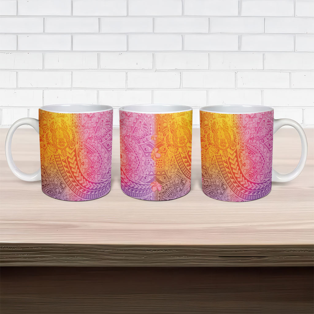 Hawaiian Turtles and Leis Ceramic Mug Tribal Kakau Pattern Magical Rainbow Sky