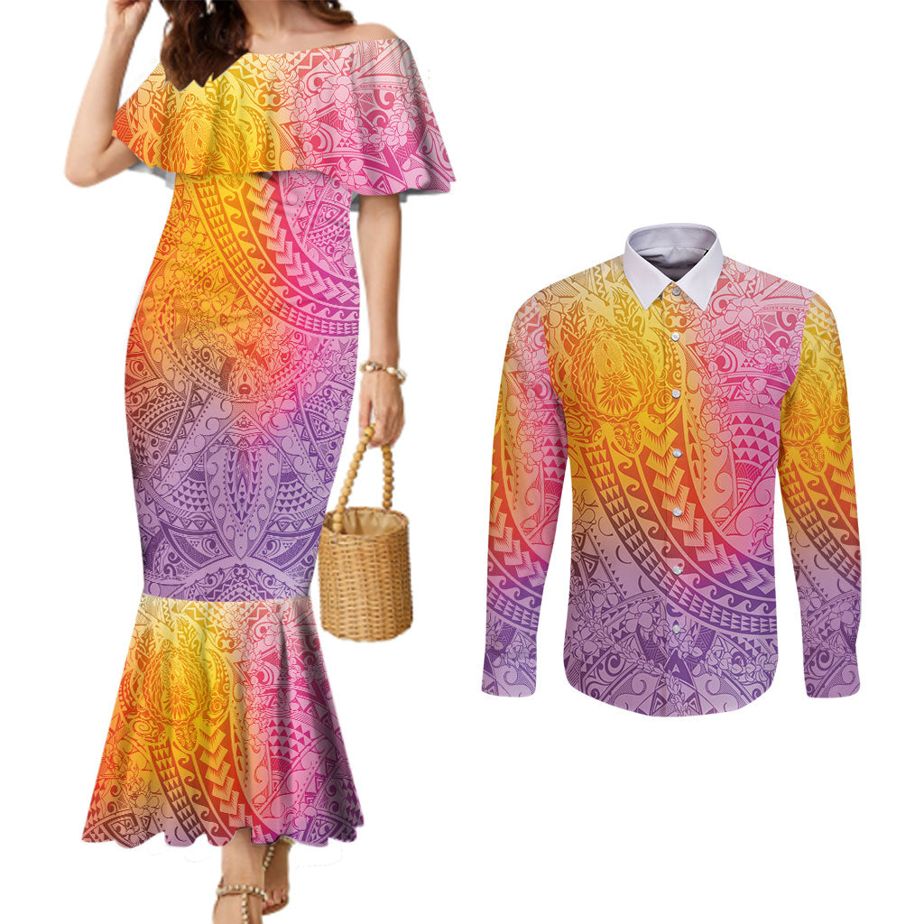 Hawaiian Turtles and Leis Couples Matching Mermaid Dress and Long Sleeve Button Shirt Tribal Kakau Pattern Magical Rainbow Sky