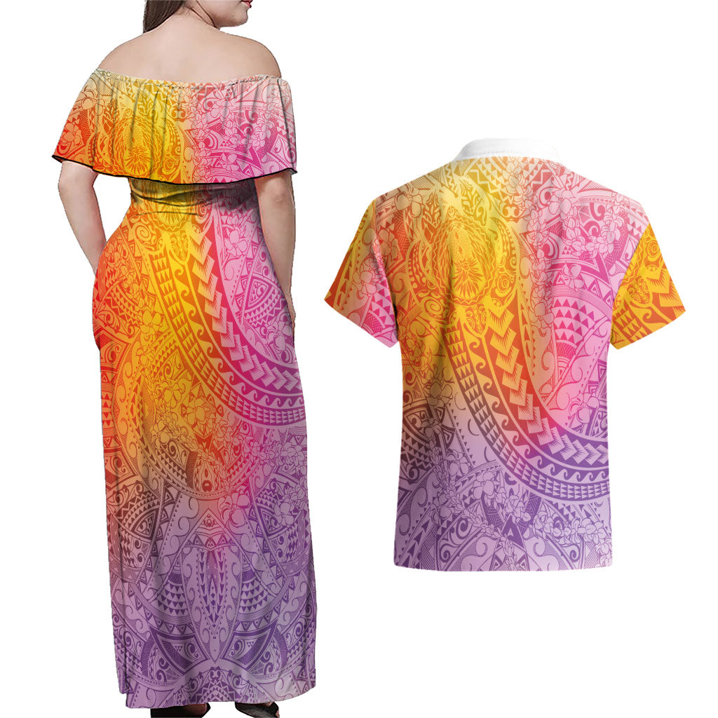 Hawaiian Turtles and Leis Couples Matching Off Shoulder Maxi Dress and Hawaiian Shirt Tribal Kakau Pattern Magical Rainbow Sky