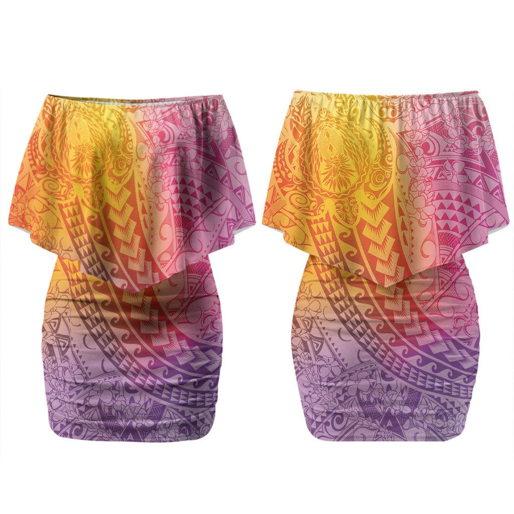 Hawaiian Turtles and Leis Couples Matching Off Shoulder Short Dress and Long Sleeve Button Shirt Tribal Kakau Pattern Magical Rainbow Sky LT03 - Polynesian Pride