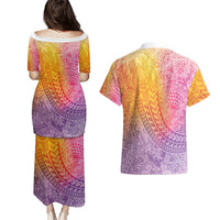 Hawaiian Turtles and Leis Couples Matching Puletasi and Hawaiian Shirt Tribal Kakau Pattern Magical Rainbow Sky