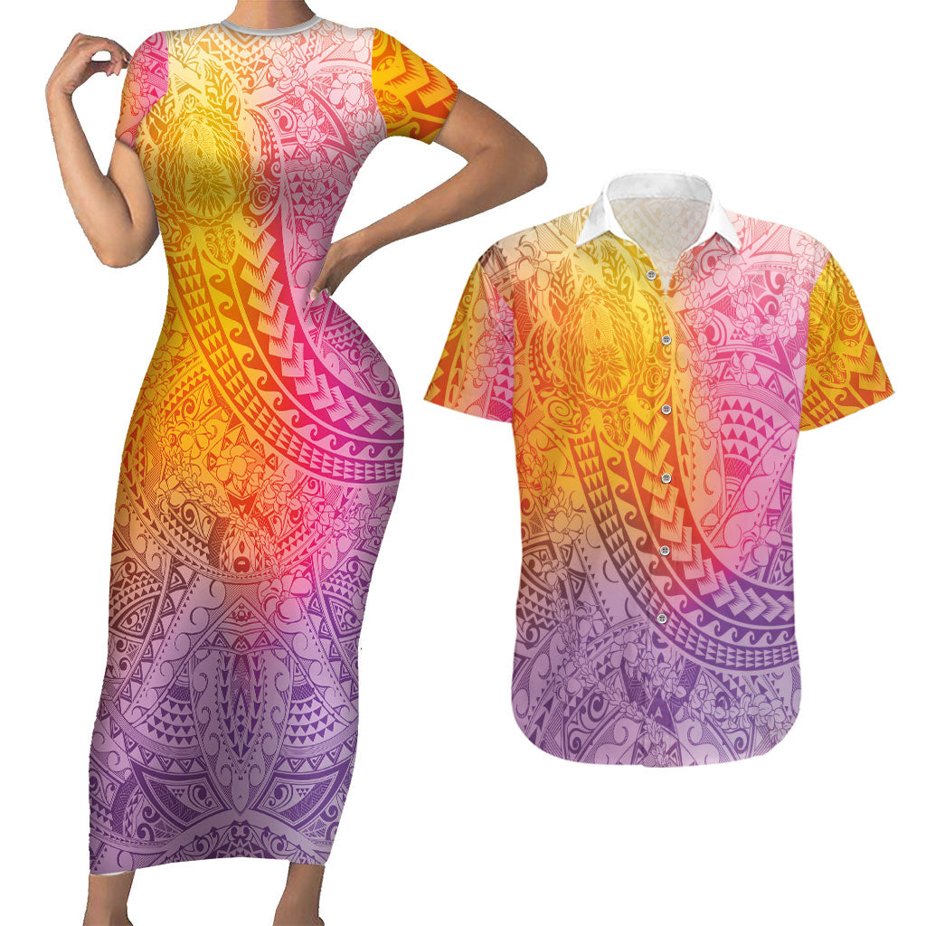 Hawaiian Turtles and Leis Couples Matching Short Sleeve Bodycon Dress and Hawaiian Shirt Tribal Kakau Pattern Magical Rainbow Sky