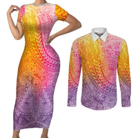 Hawaiian Turtles and Leis Couples Matching Short Sleeve Bodycon Dress and Long Sleeve Button Shirt Tribal Kakau Pattern Magical Rainbow Sky