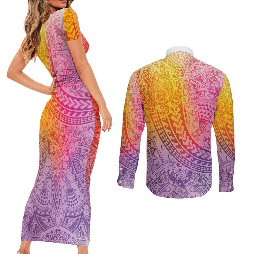Hawaiian Turtles and Leis Couples Matching Short Sleeve Bodycon Dress and Long Sleeve Button Shirt Tribal Kakau Pattern Magical Rainbow Sky
