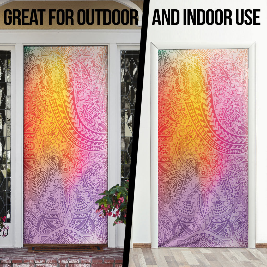 Hawaiian Turtles and Leis Door Cover Tribal Kakau Pattern Magical Rainbow Sky