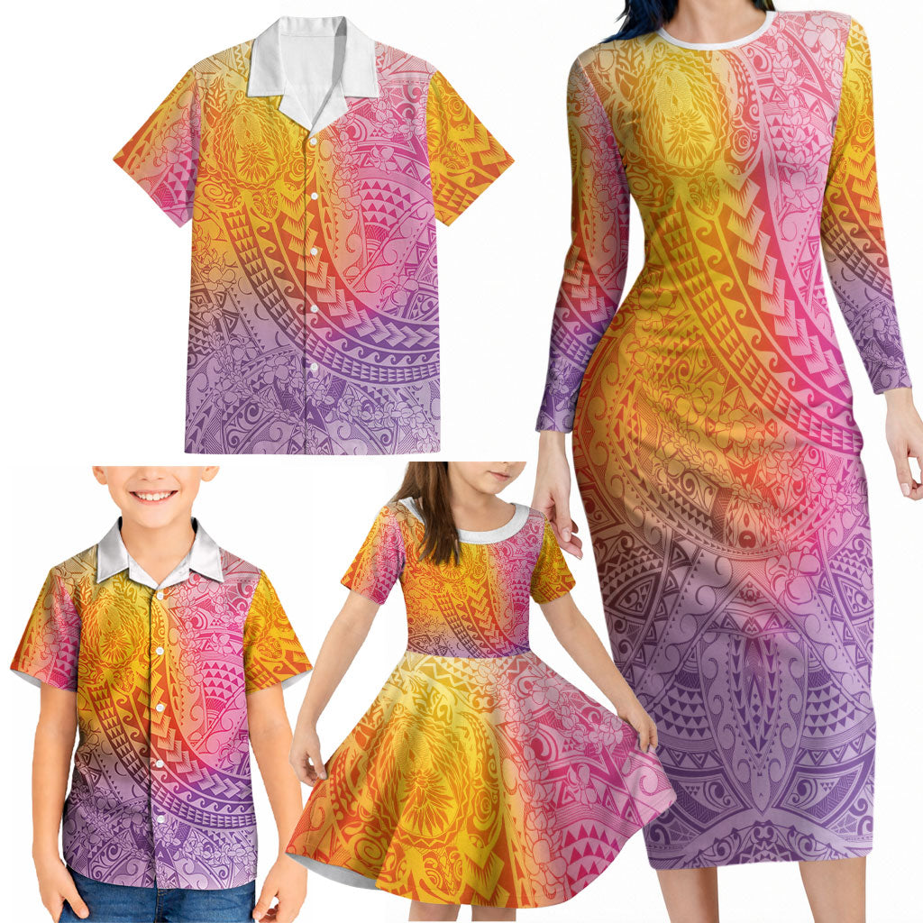 Hawaiian Turtles and Leis Family Matching Long Sleeve Bodycon Dress and Hawaiian Shirt Tribal Kakau Pattern Magical Rainbow Sky LT03 - Polynesian Pride