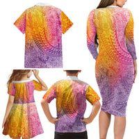 Hawaiian Turtles and Leis Family Matching Long Sleeve Bodycon Dress and Hawaiian Shirt Tribal Kakau Pattern Magical Rainbow Sky