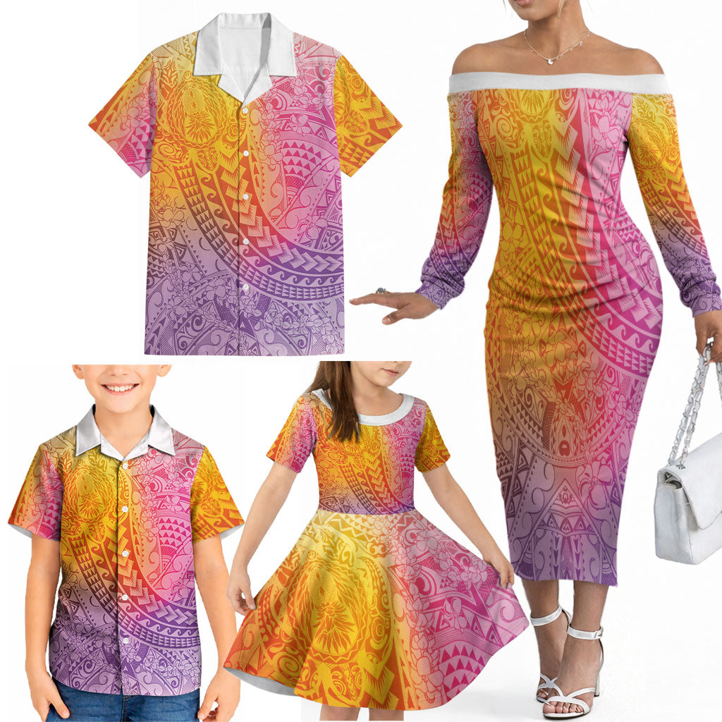 Hawaiian Turtles and Leis Family Matching Off The Shoulder Long Sleeve Dress and Hawaiian Shirt Tribal Kakau Pattern Magical Rainbow Sky LT03 - Polynesian Pride