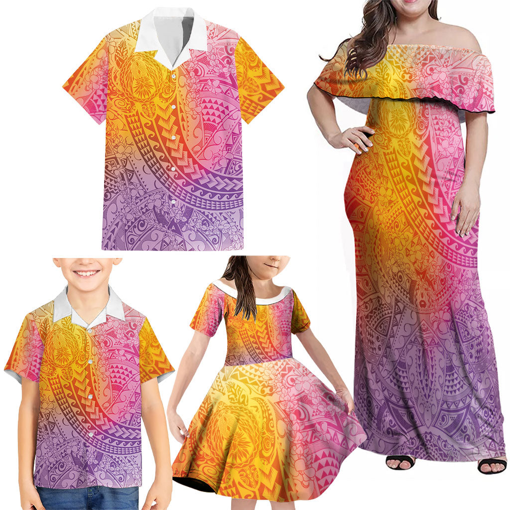Hawaiian Turtles and Leis Family Matching Off Shoulder Maxi Dress and Hawaiian Shirt Tribal Kakau Pattern Magical Rainbow Sky