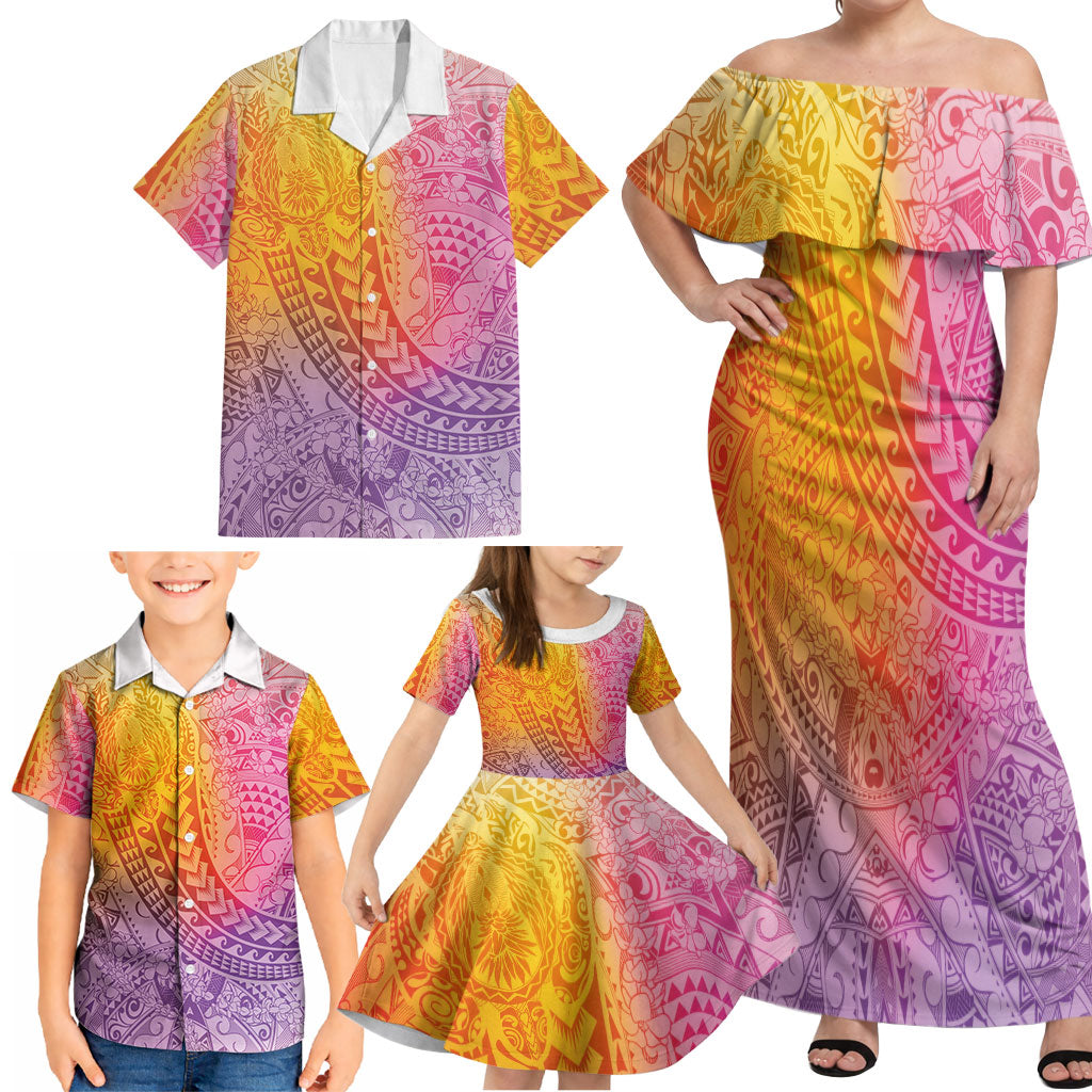 Hawaiian Turtles and Leis Family Matching Off Shoulder Maxi Dress and Hawaiian Shirt Tribal Kakau Pattern Magical Rainbow Sky LT03 - Polynesian Pride