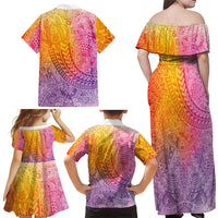 Hawaiian Turtles and Leis Family Matching Off Shoulder Maxi Dress and Hawaiian Shirt Tribal Kakau Pattern Magical Rainbow Sky