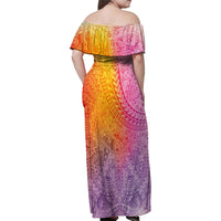 Hawaiian Turtles and Leis Family Matching Off Shoulder Maxi Dress and Hawaiian Shirt Tribal Kakau Pattern Magical Rainbow Sky