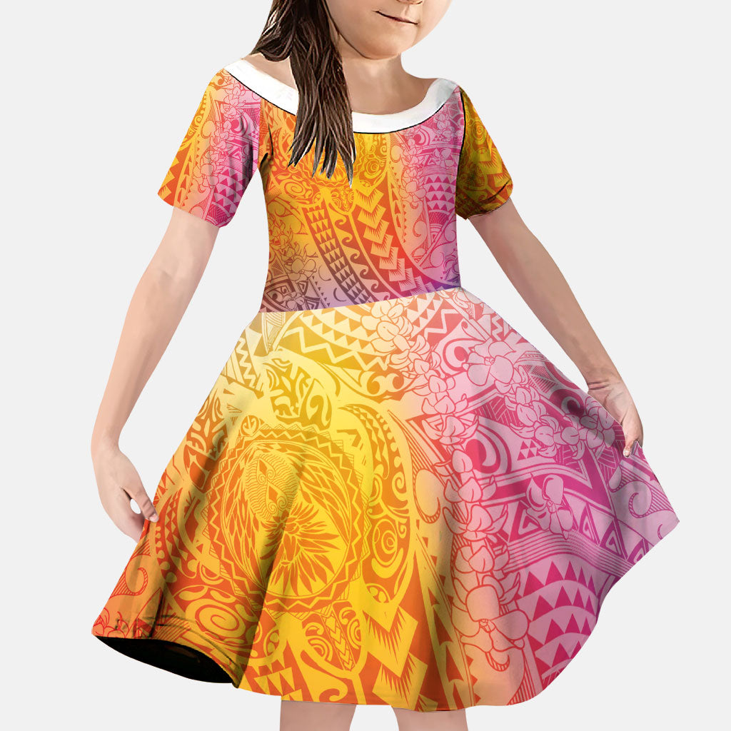 Hawaiian Turtles and Leis Family Matching Off Shoulder Short Dress and Hawaiian Shirt Tribal Kakau Pattern Magical Rainbow Sky