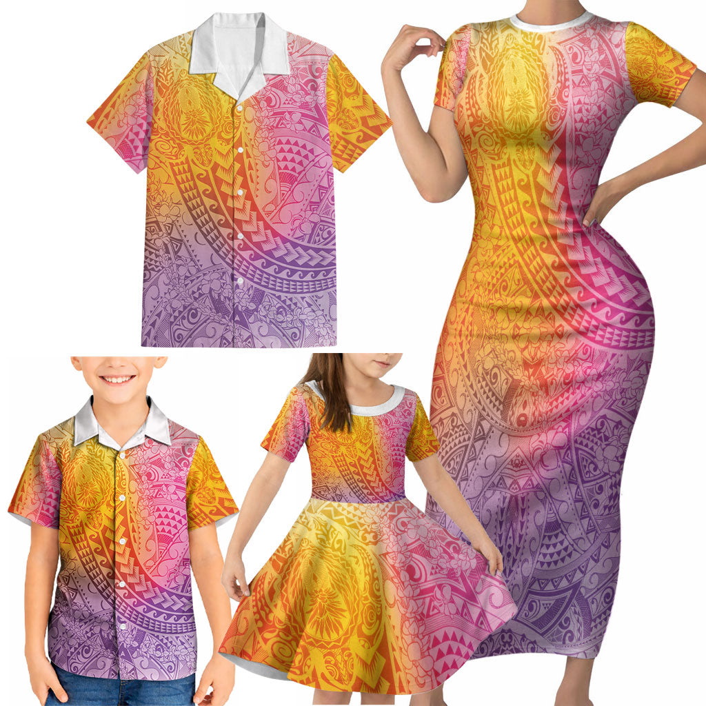 Hawaiian Turtles and Leis Family Matching Short Sleeve Bodycon Dress and Hawaiian Shirt Tribal Kakau Pattern Magical Rainbow Sky LT03 - Polynesian Pride