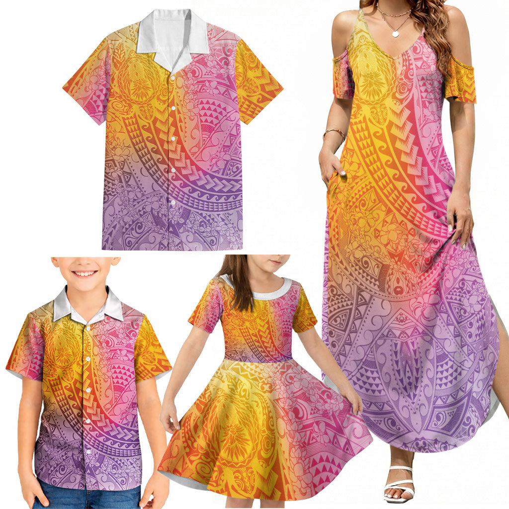 Hawaiian Turtles and Leis Family Matching Summer Maxi Dress and Hawaiian Shirt Tribal Kakau Pattern Magical Rainbow Sky LT03 - Polynesian Pride