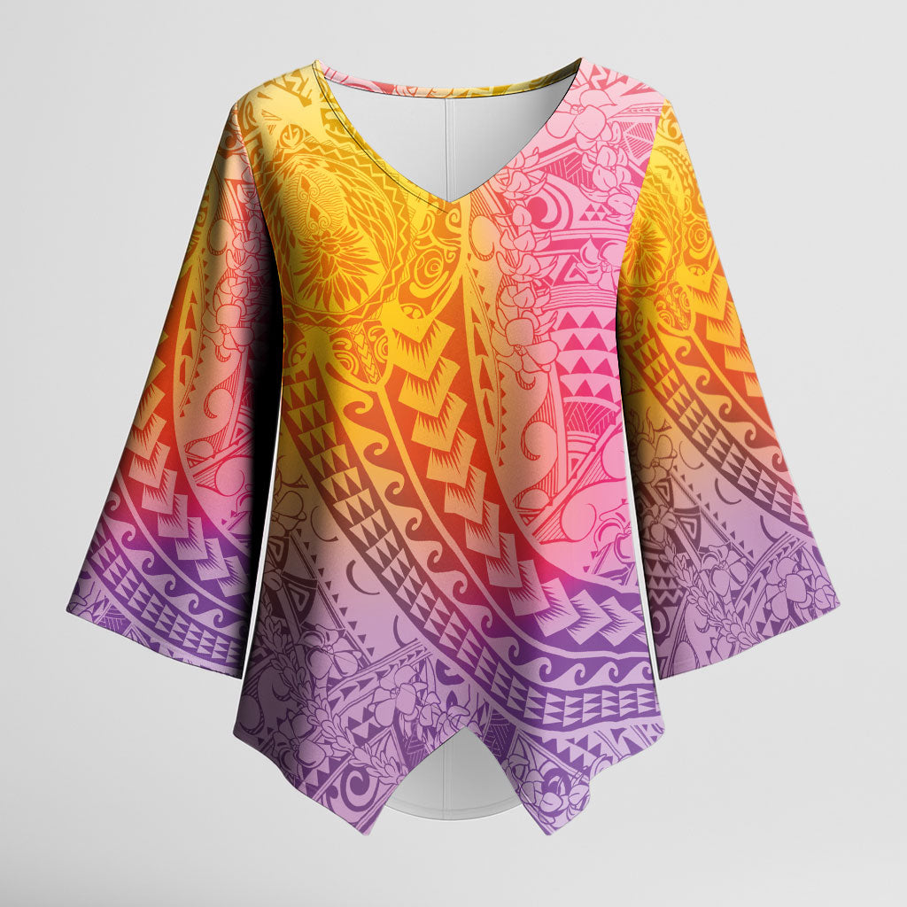 Hawaiian Turtles and Leis Kimono Sleeve Blouse Tribal Kakau Pattern Magical Rainbow Sky