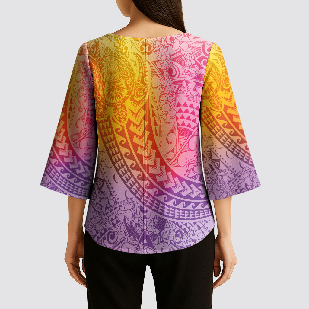 Hawaiian Turtles and Leis Kimono Sleeve Blouse Tribal Kakau Pattern Magical Rainbow Sky