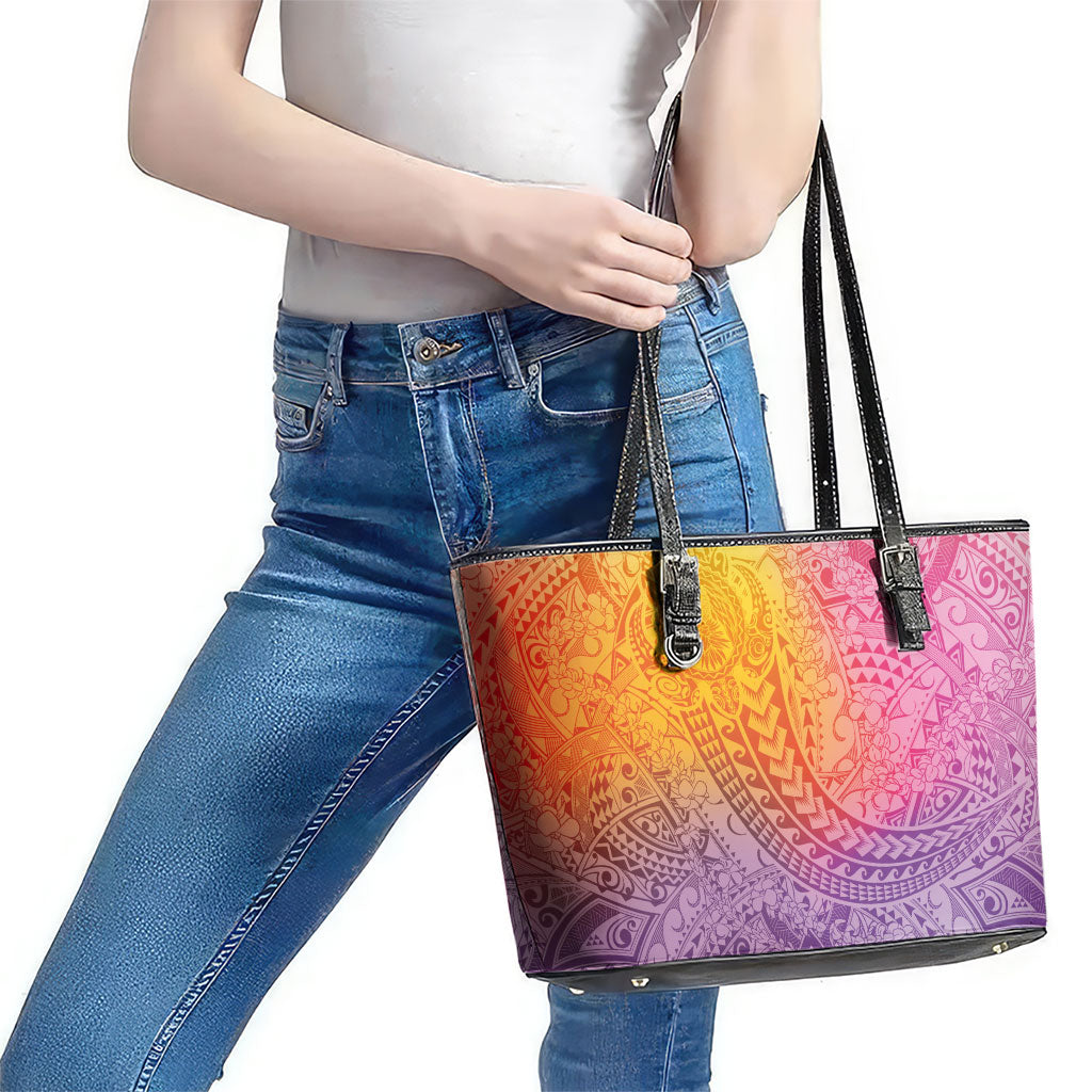 Hawaiian Turtles and Leis Leather Tote Bag Tribal Kakau Pattern Magical Rainbow Sky