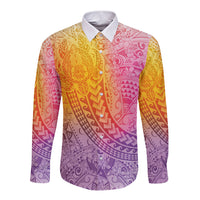 Hawaiian Turtles and Leis Long Sleeve Button Shirt Tribal Kakau Pattern Magical Rainbow Sky